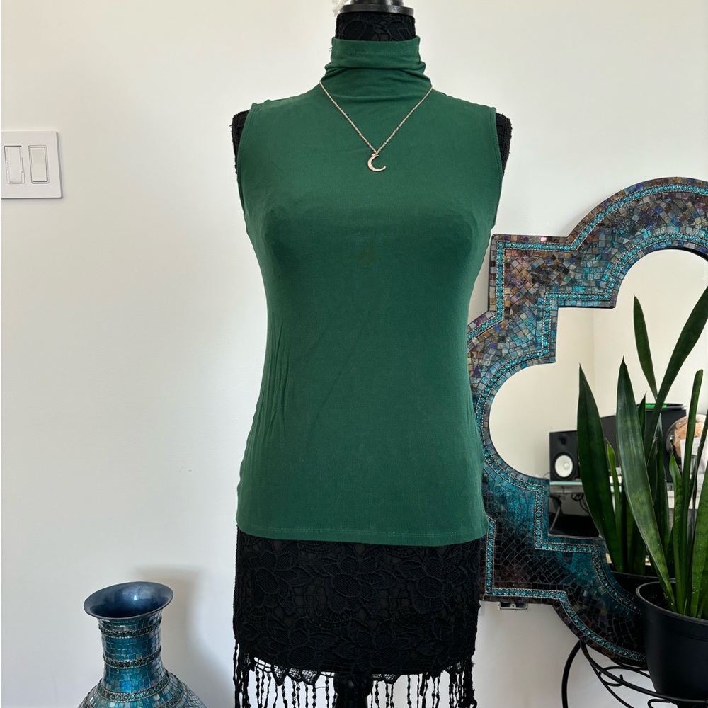 Dark Green Sleeveless Mock Turtleneck- Fitted